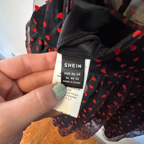 SHEIN Puff Sleeve Black with Red Heart Mesh Dress Sweetheart Neckline - Picture 5 of 5